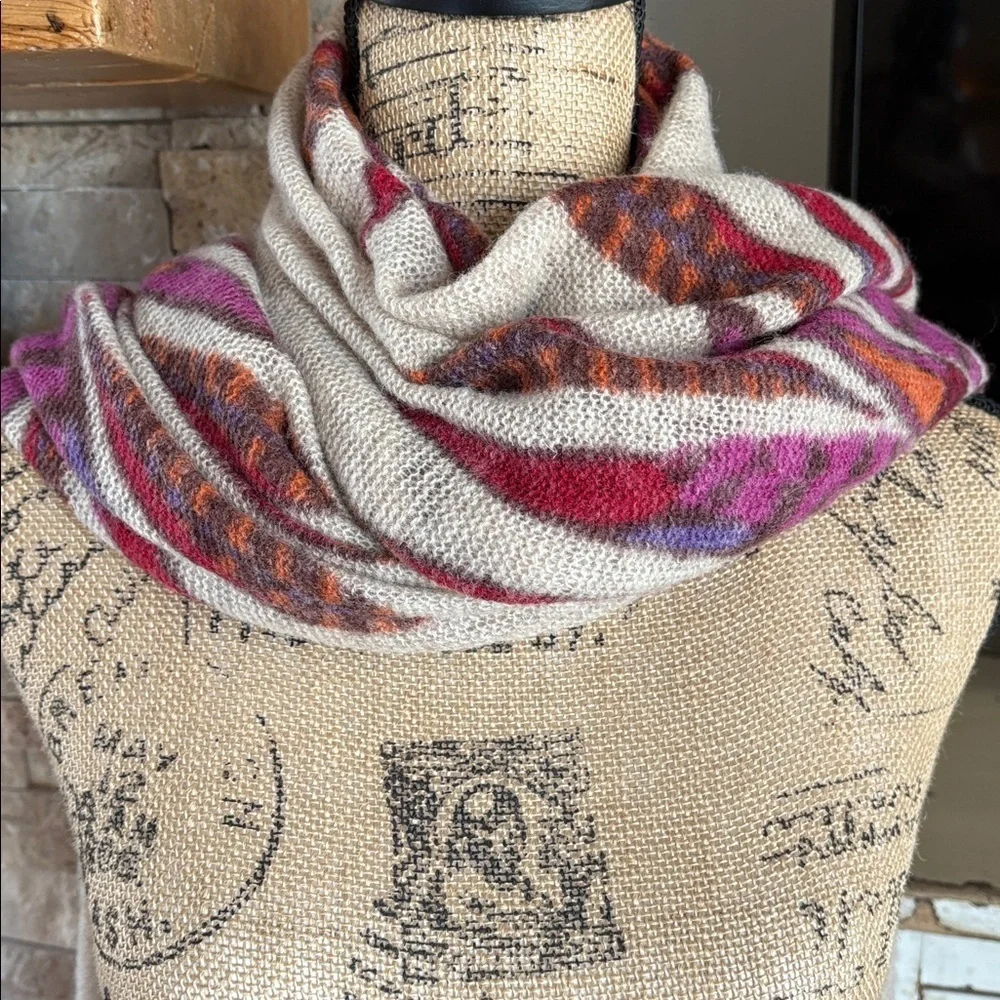 Pistil tan scarf wrap with colorful purple orange brown floral sunburst design